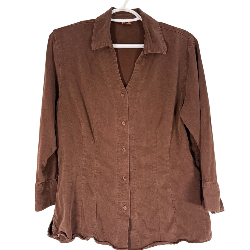 Tianello Brown Tencel Rayon Button Down Blouse V-Neck Suzy Blse S USA